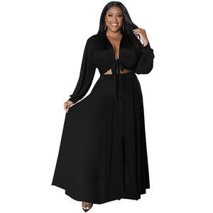 Black Lace-Up Long Sleeve Top + Swing Skirt Two Piece Set